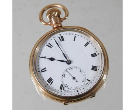 An early 20th century gold plated open faced pocket watch, with a white enamel dial, 5cm diameter, cased