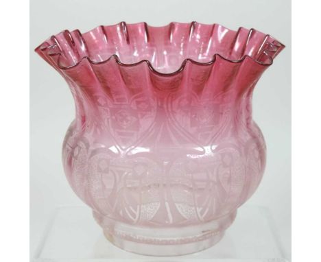 A red and clear glass oil lamp shade, of frilled shape, etched with stylised flowers, 16cm highCondition report: Aperture is 