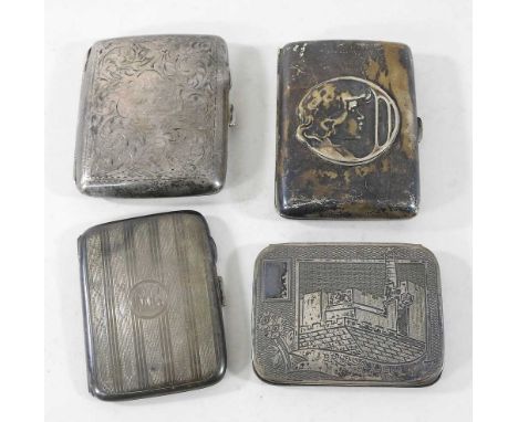 An early 20th century silver cigarette case, with inscription, 84g, 9cm, together with two others 140g and a continental silv