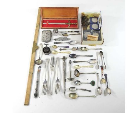 A collection of coins, together with a silver cigarette case and various silver and plated cutlery