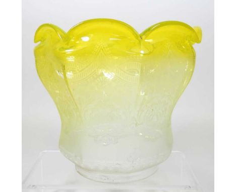 A yellow glass oil lamp shade, of frilled shape, etched with flowers, 17cm highCondition report: Overall looks to be complete