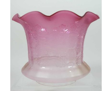 A red and clear glass oil lamp shade, with a frilled rim, etched with flowers, 16cm highCondition report: 10cm aperture. No v