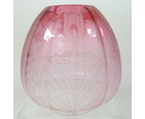 A red and clear glass oil lamp shade, of lobed shape, etched with flowers, 19cm highCondition report: Aperture 10cm diameter.