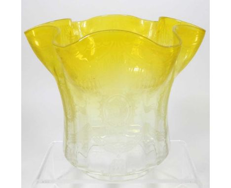 A yellow and clear glass oil lamp shade, of frilled shape, with etched decoration, 127cm highCondition report: 10cm aperture.