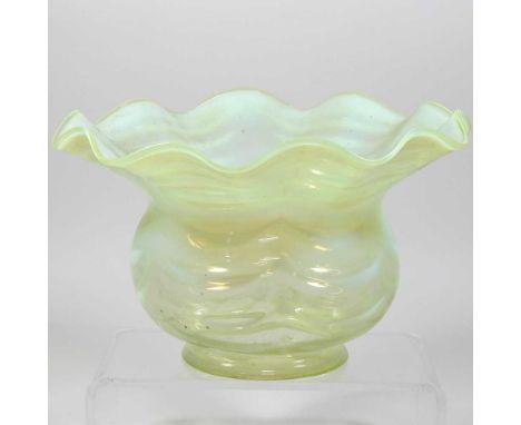 A vaseline and green glass oil lamp shade, with a frilled rim, 16cm highCondition report: 10cm aperture