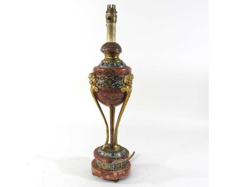 An early 20th century marble lamp base, with enamelled decoration, 50cm high