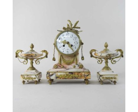 An early 20th century French three piece marble clock garniture, with gilt metal mounts, having a white enamel dial, with an 