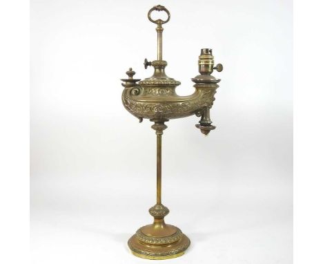 A 19th century brass adjustable oil lamp base, patent Wild &amp; Wessel, Berlin, 55cm high