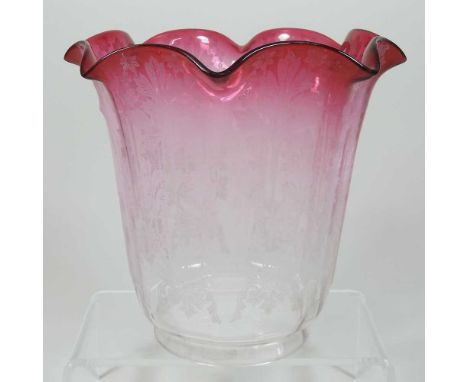 A red and clear glass oil lamp shade, with a frilled rim, etched with leaves, 19cm highCondition report: 10cm aperture. No vi