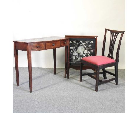 A 19th century mahogany side table, containing three drawers, 95cm, together with a George III mahogany dining chair and a fi