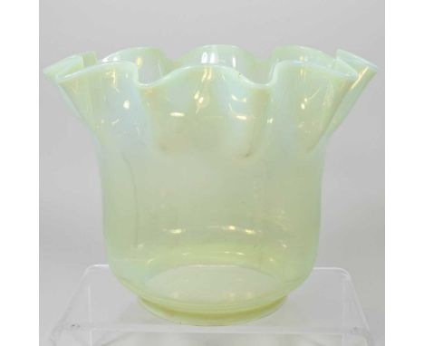A vaseline glass oil lamp shade, of frilled shape, 17cm highCondition report: 10cm aperture. No visible cracks or chips. Dirt