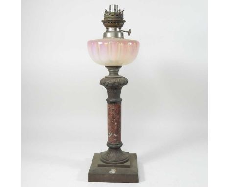 A 19th century French bronzed oil lamp base, with a marble column and pink vaseline reservoir, 49cm high overallCondition rep