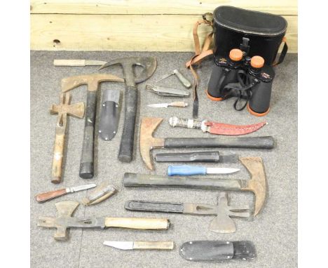 A collection of hand tools, together with various folding pocket knives and a pair of binoculars