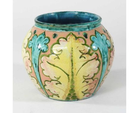 A Della Robbia vase, circa 1900, decorated with foliate designs, incised marks and ELL 697 to base, 13cm highCondition report