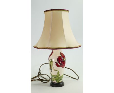 Moorcroft table lamp with shade: Height to top of ceramic base, excluding brass fitting 23.5cm. 