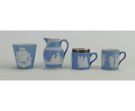 A collection of Wedgwood dip light blue miniatures  items to include: Crested beaker, tankards &amp; jug. 