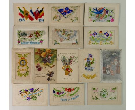 A good collection of first world war silk postcards: including 1914-1915 flags, ASC, RFA, RE etc, some used. (15) 