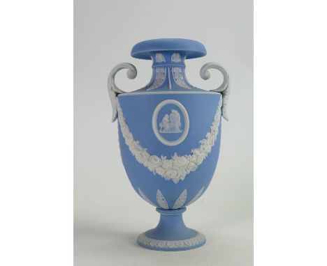 19th century light blue dip Wedgwood handled vase: Height 21cm. 