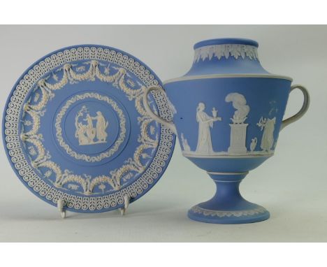 Wedgwood light blue 19th and early 20th century plate and lidless handled vase: Height of vase 21cm. 