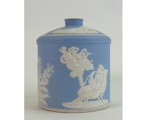 Wedgwood light blue dip Jasperware unusual tobacco jar and cover: Decorated all over with various smoking scenes, height 16cm