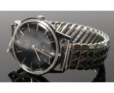 Vintage Avia Olympic gentlemans automatic wrist watch: With black dial &amp; steel strap. 