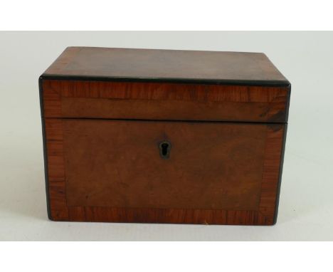 19th century Walnut veneered tea caddy: Crossbanded in Rosewood, and having original lids. 18cm x 11cm x 11cm approx. 
