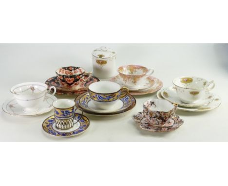 A collection of Wileman and Co items to include: Trio &amp; preserve pot in Rose in gold cartouche, trio/coffee can &amp; sau