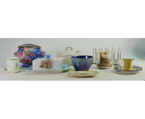 A collection of Shelley items to include: Rose bowl in Crackle pattern, Old England patterned butter dish, rare candlestick i