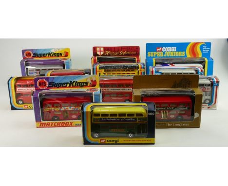 A collection of boxed Corgi toy buses to include: London Routemaster 469, Disneyland 470, Routemaster 468, K-15 The Londoners