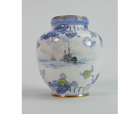 Royal Crown Derby small vase: Hand painted with war ships and yachts by J E Dean, height 9.75cm. 