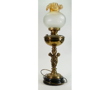 Large decorative brass Oil lamp: Electric conversion, featuring children playing to central column, height to top of shade 70