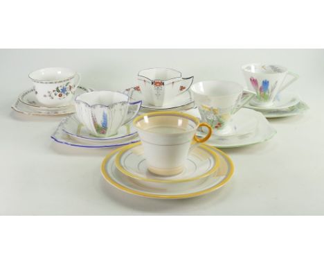 A collection of Shelley trios to include: Regent 12130 Yellow Bands, Eve 11952 Crocus, Queen Anne 11607 Daisy Pattern, 11497 