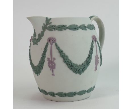 Wedgwood tri colour water jug: Dark green &amp; lilac on light green ground. Height 13cm. 