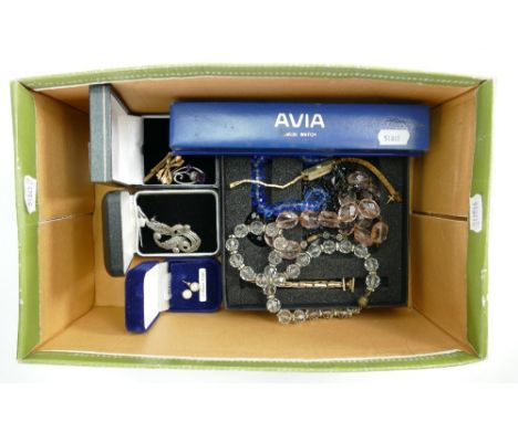 A collection of vintage ladies costume jewellery: including Avia ladies wristwatch, Silver brooches, 9ct gold pearl earrings,