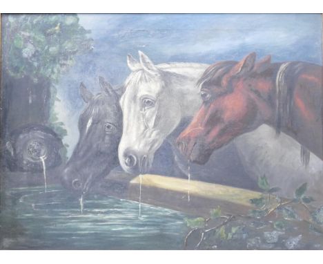 Large Gilt Framed Oil on Canvas: Horses Drinking Water From Trough: canvas size 74cm x 90cm, some damage to frame 