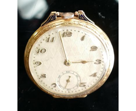 19ct gold Continental gents pocket watch Art Deco with enamel: Slight losses to enamel around winder, otherwise case in good 