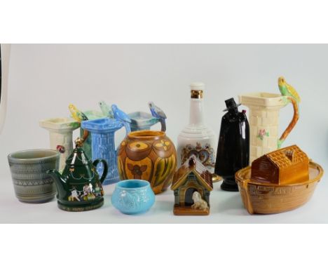 A collection of Wade pottery: Including Wadeheath bird jugs, vase, Sandman's port decanter, Whisky decanter, Noah's Arc dish,