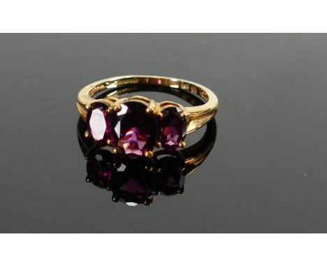 9ct gold three stone garnet ring, QVC brand new and boxed.size M, 2.1g 