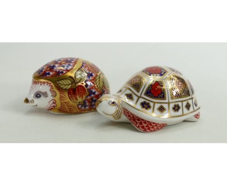 Two Royal Crown Derby paperweights Tortoise and Hedgehog: Orchard Hedgehog Crown Derby Guild Exclusive 1999 signed Hugh Gibso