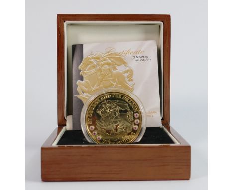 London Mint Office Silver proof coin: 1994 2009 St George &amp; Dragon gold plated Silver five pound piece with inset rubies 