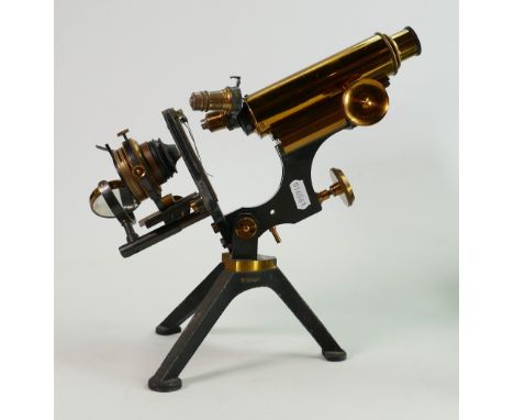 W. Watson &amp; Son Model Fram Microscope: lacquered brass with ebonite stage, course &amp; fine focus, sub stage condenser w