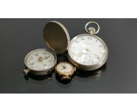 A collection of vintage watches: including 9ct gold ladies wristwatch, steel pocket watch and steel cased compass. (3) 