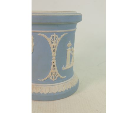 A collection of early 20th century light blue Wedgwood: Candlesticks, silver plate rimmed large bowl etc. (some restoration n