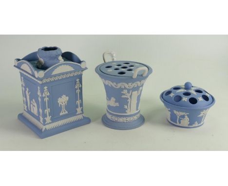 A collection of Wedgwood Jasperware to include: Handled flower vase, circular squat flower vase &amp; Cuboid candlestick (dam