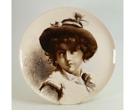 19th century large earthenware charger: Decorated with a portrait of a young man and signed L T Johnson, d41cm (couple small 