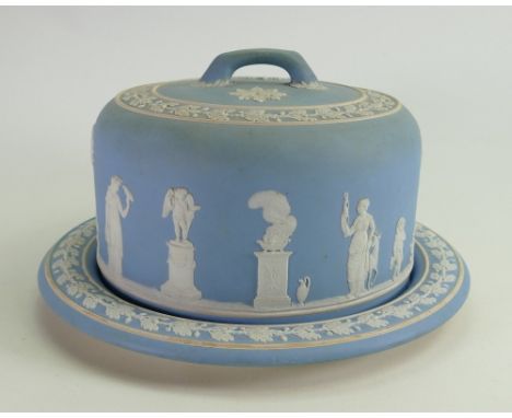 Large unmarked light blue Jasperware Stilton cheese dish: Height 16cm, heavy crazing &amp; staining noted. 