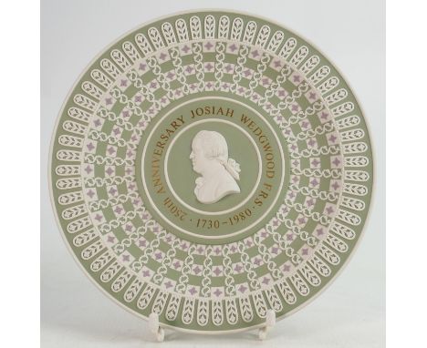Wedgwood tri colour plate: Decorated in dice design in lilac, green &amp; white Jasper with portrait of Josiah Wedgwood, diam