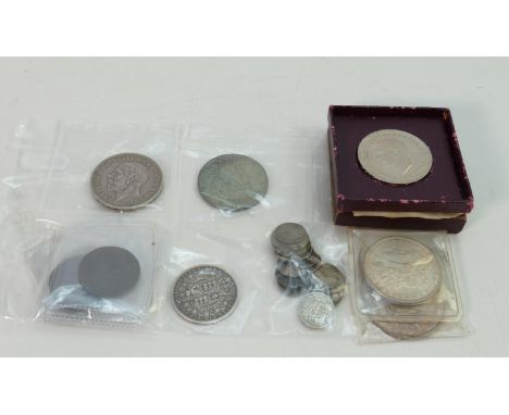 Group of silver &amp; other coins and 18th century tokens: Includes 1935 &amp; 1951 UK crown, 3 x USA dollars 1922 and two 18