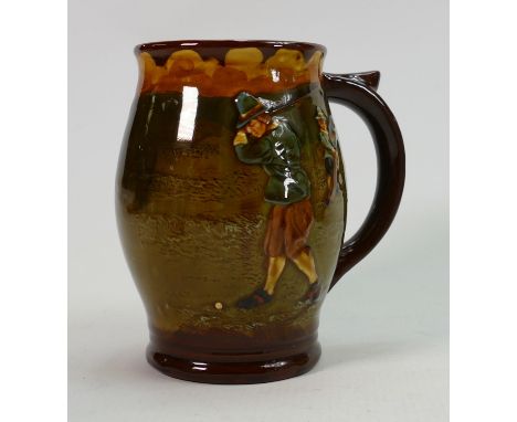 Royal Doulton Golfing jug: Depicts golfers on both sides. 14cm high. Good condition, with light overall crazing. 