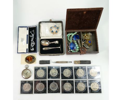 An interesting lot of vintage items: including ladies costume jewelry, aeroplane pocket watch, commemorative coins, Silver bo